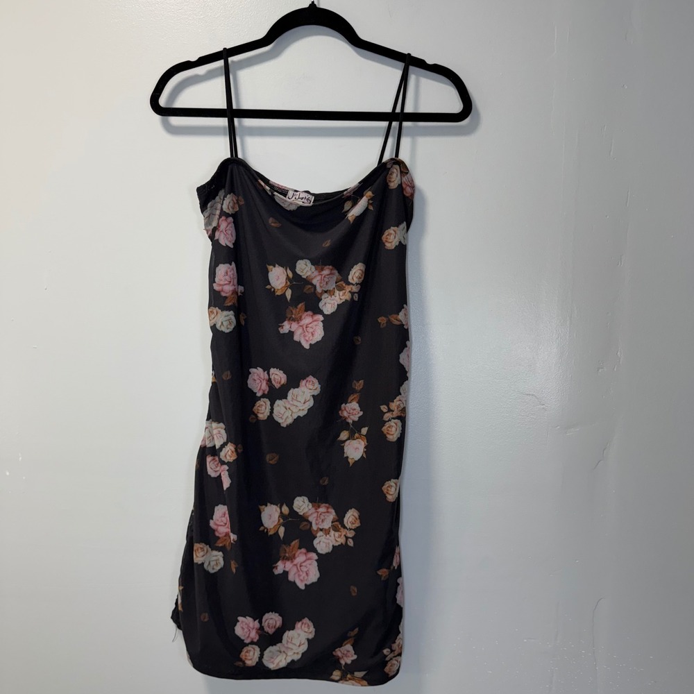 J for Justify Women Black Floral Mesh Cowl Neck Ruched Mini Dress XL